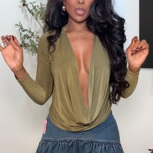 PrettyLittleThing Olive Drape Long Sleeve Blouse